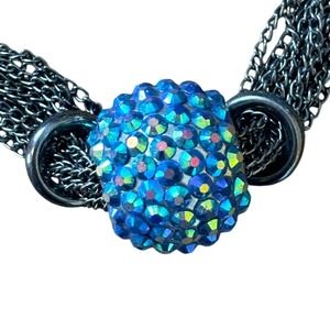 Sparkly Blue Crystal Ball Statement Necklace Multi Chain Dark Metal Collar